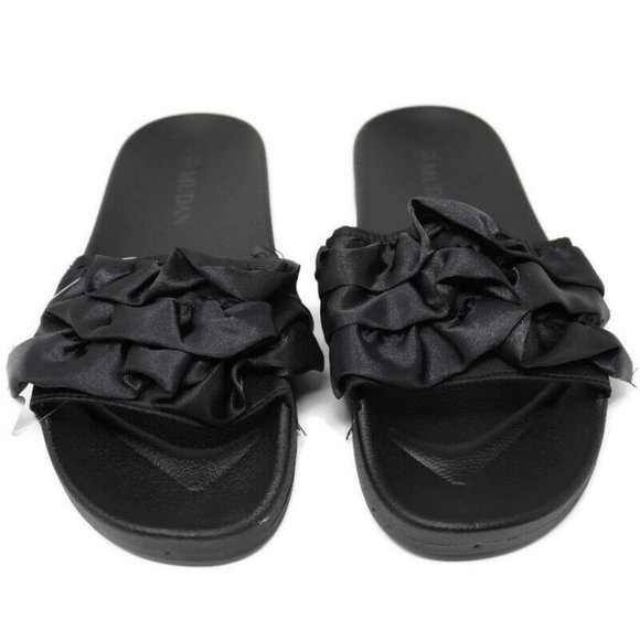 Mudan Slide Sandals Black Satin Ruffle Size 9‎ - Picture 2 of 6